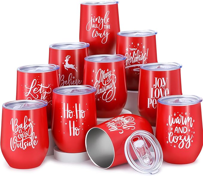 Uiifan 10 Pack Christmas Tumblers Gifts 12 Oz Xmas Funny Tumbler Christmas Stainless Steel Coffee Mugs Set Xmas Insulated Travel Cup with Straw Lid for Family Xmased Holiday Gift (Red)