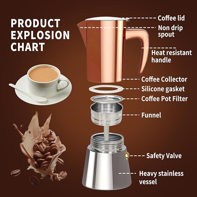 Moka Pot Espresso, Stainless Steel Italian Coffee Maker Stovetop Espresso Maker for Camping or Home Use, Induction Moka Pot 6 Cups (10oz/300ml), Black