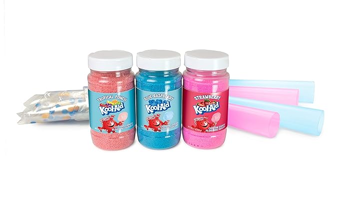 Nostalgia Kool-Aid Cotton Candy Flossing Sugar Party Kit 3-Pack, Blue Raspberry, Strawberry, Tropical Punch, 3-7 oz bottles - 21 total ounces - Bottles of Cotton Candy Sugar Mix