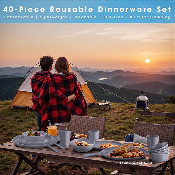 40 Piece Plastic Dinnerware Set for 8 with Cutlery, Unbreakable Plates and Bowls Set, Dishwasher & Microwave Safe Reusable Dish Set for Camping, RV, Outdoor Kitchen, Apartment Dining, Gray