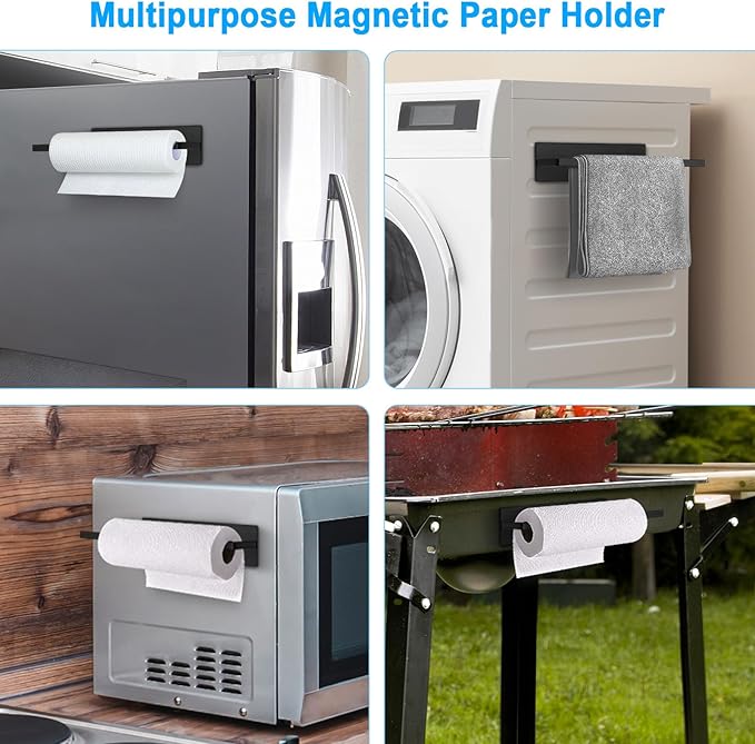 Paper Towel Holder Black, Toilet Paper Roll Holder Magnetic Towel Rack Wall Mount Fridge Organizer Shelf for Towels Rolls Bar Bathroom Toilet Pantry RV Essentials Kitchen Organizers and Storage 2 Pack