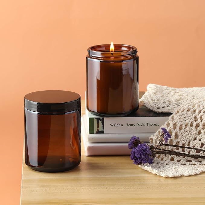 12 Pack, 8 OZ Dark Amber Candle Jars for Making Candle - Thick Glass Jars with 12 Metal & 12 Plastic Lids - Empty Round Food Storage Containers, Canning Jar For Spice, Liquid, Sample - Food Grade