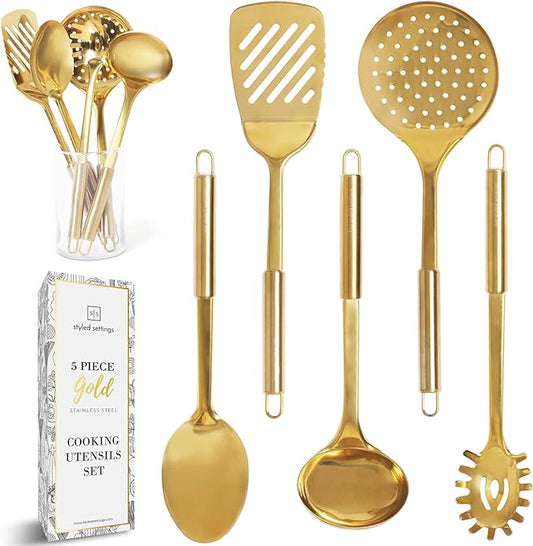 Gold Kitchen Utensils Set – 5-Piece Stainless Steel Kitchen Tools for Modern Cooking and Serving – Dishwasher Safe Ladle, Spoon, Spatula, Pasta Fork, Luxury Brass Kitchen Accessories for Home Chefs