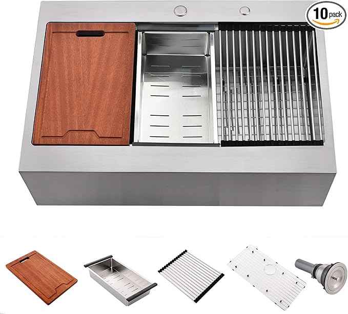 33 Inch Farmhouse Drop In Kitchen Sink Workstation - 33X22 inch Apron Front Kitchen Sink Workstation Single Bowl 16 Gauge Stainless Steel Farm Sink