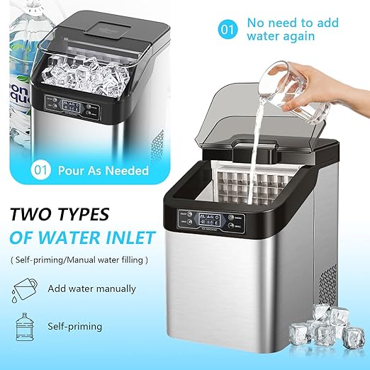 Ice Maker Countertop, 2 Ways to Add Water, 33lbs/24Hrs, 24 Pcs Ready in 13 Mins, Auto-Cleaning Portable Ice Maker with Basket and Scoop, for Home/Kitchen/RV/Camping, Silver