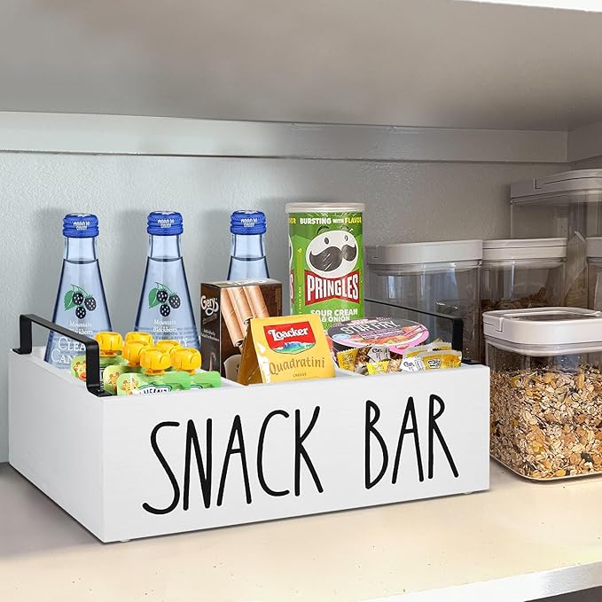 Snack Organizer for Countertop, Wood Pantry Storage Bins with Handles, Snack Bar Organizer for Pantry Shelf, Kitchen, 4 Compartment Food Container Snack Box, Pantry Organizer for Snacks, Chips