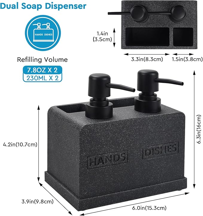 Kitchen Soap Dispenser Set,Hand and Dish Soap Dispenser,Sponge Caddy and Brush Holder 4-in-1 Kitchen Dual Soap Dispenser Set for Kitchen Sink,Bathroom -Black