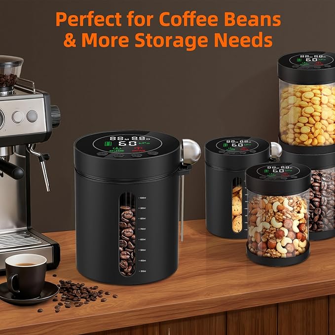 Automatic Vacuum Coffee Canister, 1.3L Airtight Food Storage Containers with Smart Pressure Sensor, Electric Coffee Bean Container Rechargeable with LED Display Window for Home Kitchen Food Storage
