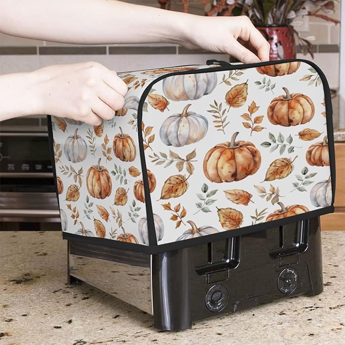 4 Slice Toaster Cover,Thanksgiving Watercolor Pumpkin Art Small Kitchen Appliance Bread Machine Cover with Pockets,Dust & Fingerprint Protection
