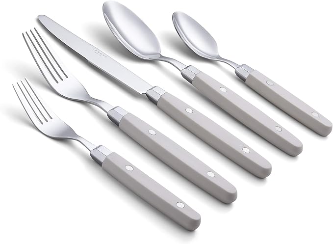 ANNOVA Silverware Set, Retro/Rivet Colorful Stainless Steel Tableware Kitchen Flatware Set Utensils, Includes Dinner Knives, Forks, Spoons, Salad Forks & Dessert Spoons (Cream, 20 Pieces)