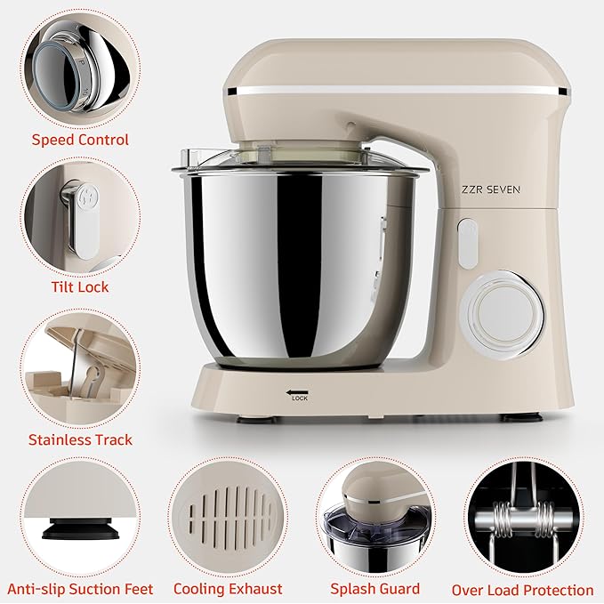 Stand Mixer, 5.5 Quart, 10 Speed Tilt-Head Kitchen Mixer, Copper Motor, Household Food Mixer with Bowl, Flat Beater, Dough Hook, Egg Whisk (450W Cream)