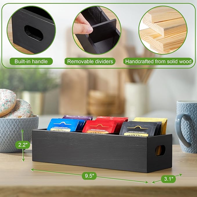 DRASTAR Tea Bag Organizer, Black Wooden Tea Bag Holder, Tea Storage Containers with 3 Slots, Sugar Packet Holder, Tea Bag Caddy Box for Countertop