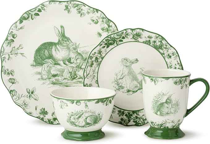 Le Jardin Bunny 16-Piece DINNERWARE SET, SERVICE FOR FOUR – Elegant Stoneware Plates, Bowls & Mugs for Springtime, Easter, Garden Parties & Everyday Charm – Scalloped Floral Toile Design