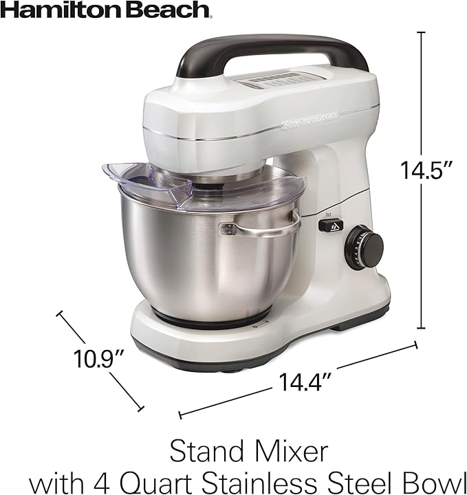 Hamilton Beach Electric Stand Mixer, 4 Quarts, Dough Hook, Flat Beater Attachments, Splash Guard, 7 Speeds with Whisk, Easy-Carry Top Handle, White