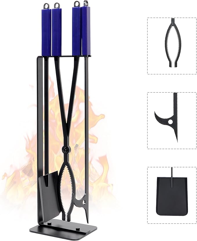 Fireplace Tools Set Indoor, 28" Fire Poker Fire Tongs and Shovel, Wrought Iron Firewood Tongs with Metal Stand and Rubber Handle Log Grabber for Fire Pit Ash Shovel for Campfire Backyard Bonfire