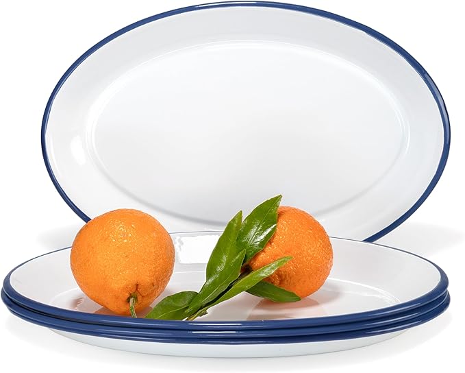 Red Co. Enamelware Metal Classic 13" Serving Oval Tray Platter, Solid White/Navy Blue Rim