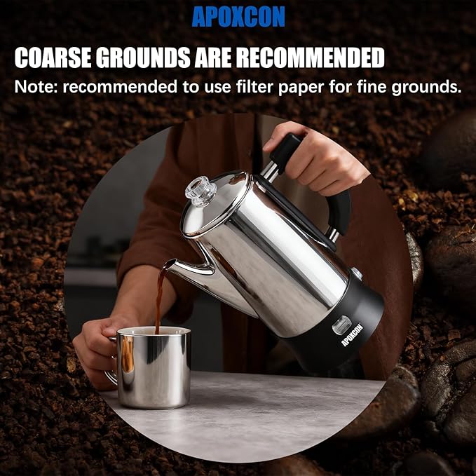 APOXCON Electric Coffee Percolator Stainless Steel Coffee Maker with Clear Brew Progress Tough Glass Knob and On/OFF Switch Classic Coffee Pot with Keep Warm & Cordless Serve No Aluminum (12 Cup)