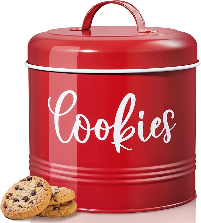 DAYYET Farmhouse Cookie Jar for Kitchen Counter, 1 Gallon Vintage Cookie Jar with Airtight Lid, Large Food Storage Container for Candy, Cookies, Dessert, Red Kitchen Decor and Accessories
