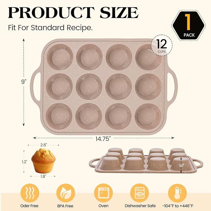 Vinino Silicone Muffin Pans for Baking with Metal Reinforced Frame, 12 Cups Regular Size Nonstick Brown Silicone Cupcake Pan, BPA Free Oven Dishwasher Safe Baking Mold for Muffins Cupcakes
