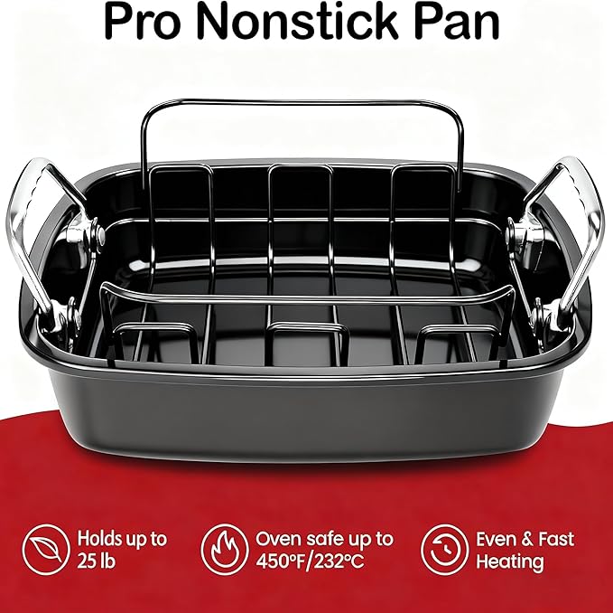 Large Nonstick Roasting Pan Kit with Rack (17x13 Inch) - Includes Baster, Pastry Brush & Twine for Turkey, Chicken, Ham - Even Heating, Easy Clean, Dark Grey