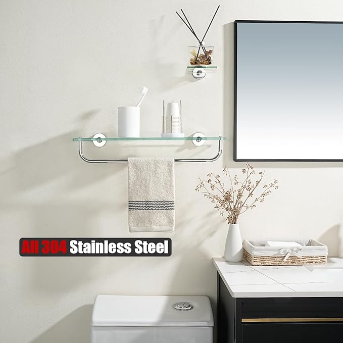 JQK Bathroom Glass Shelf Polished Chome, Shelf with 19 Inch Towel Bar Tempered Glass Shower Storage 20 by 5 inches, 304 Stainless Steel Silver Finish Wall Mount, TGS100L20-CH