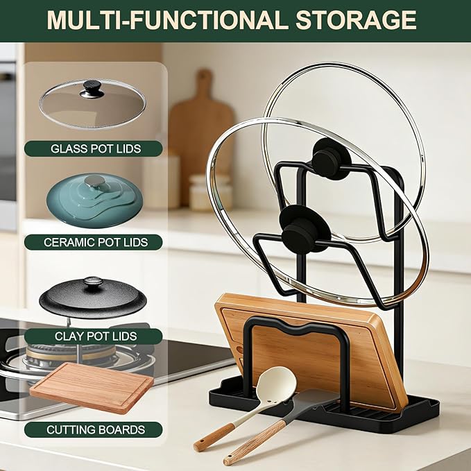 Kitchen Pot Lid Storage Rack: Carbon Steel Double Layer Pot Lid Organizer with Tray, Multifunctional Pot Lid Holder While Cooking, Saving Space Organizer Storage for Kitchen Countertop (Black)