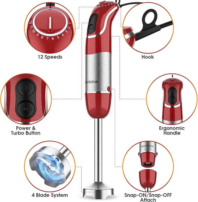 Blackcow Multi-Use 5 in 1 Immersion Blender 3.0, BPA-Free, 800W 12 Speed Hand Blenders for Kitchen, Copper Motor Stainless Steel Blade Emulsion Blender Handheld with Chopper, Whisk and Frother, Red