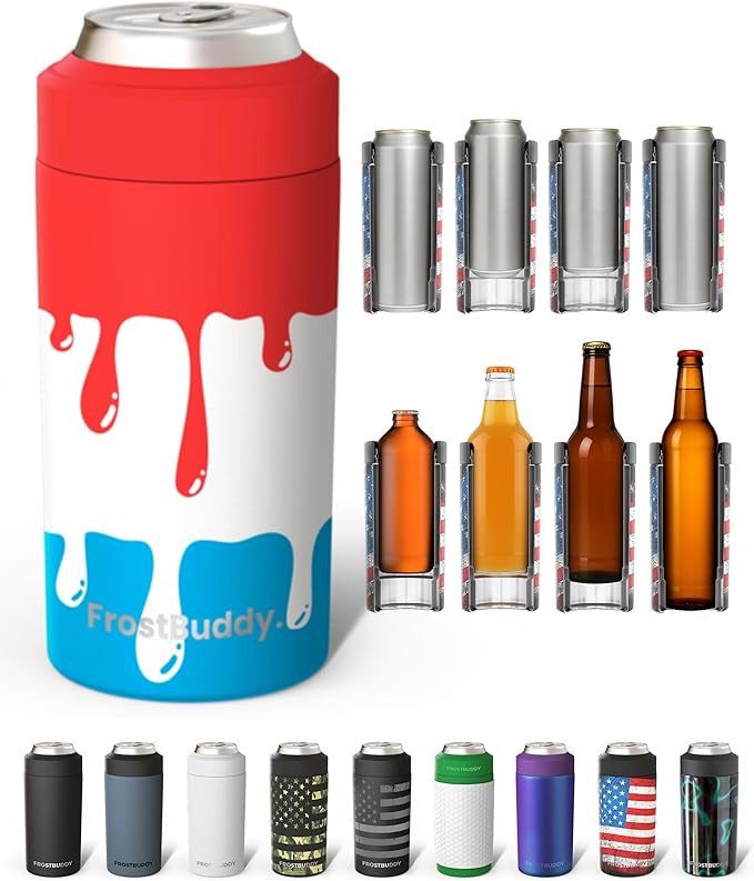 Frost Buddy Universal Can Cooler - Fits all - Stainless Steel Can Cooler for 12 oz & 16 oz Regular or Slim Cans & Bottles - Stainless Steel (Rocket Pop)