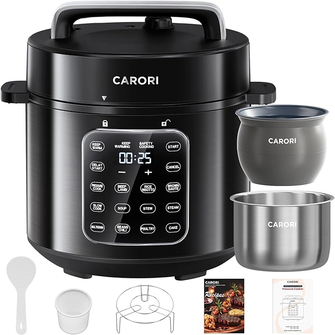 CARORI 9-in-1 Electric Pressure Cooker 6 Qt, Dual Inner Pots, Stainless Steel Pot and Non-Stick Pot, 12 Preset Cooking Programs with IMD Touchscreen, Safe Vent, Slow Cook, Rice Cook, Steam, Black