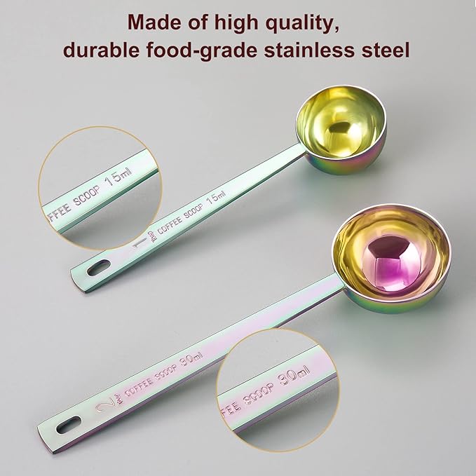 Safring Premium coffee scoop set, set of 2, Metal stainless steel long handle coffee scoop, measuring coffee spoons contains 1 tablespoon (15 ml) and 2 tablespoons (30 ml) multicolor spoon