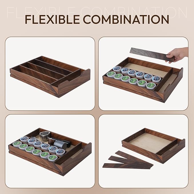 Solid Walnut Coffee Pod Organizer, 35-Capacity Coffee Drawer with Removable Dividers & Child-Safe Rounded Edges for Countertop