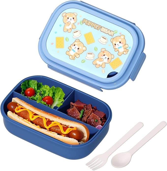 Bento Lunch Box with Kids & Children, Stackable Lunchbox Container with 3-Compartment, Durable for On-the-Go Meal, BPA-Free and Food-Safe Materials (Blue)