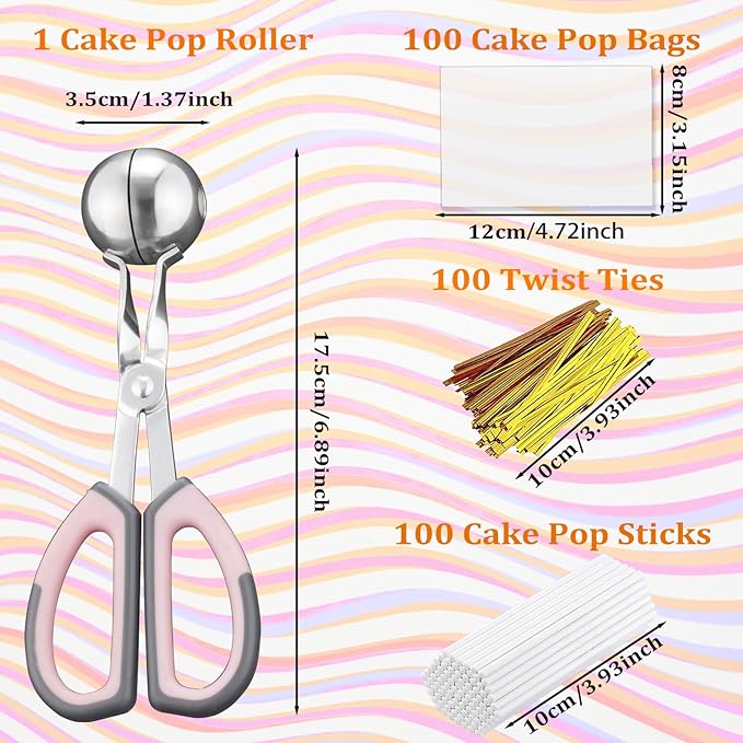 Cake Pop Kit, 100 Cake Pop Sticks, 100 Cake Pop Bags, 100 Twist Ties, 1 Cake Pop Mold Roller, Cake Pop Maker for Cakepops, Lollipop, Candies, Chocolates and Cookies