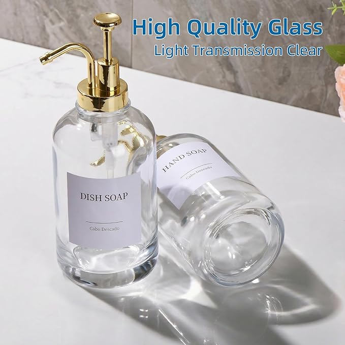 Glass Soap Dispenser with Pump, Dish and Hand Soap Dispenser for Kitchen Bathroom Set, Clear Glass Dispenser Set of 2 Pack with 18 Stickers Funnel Bamboo Tray 500ml 18oz / Each Bottle Gold Pump