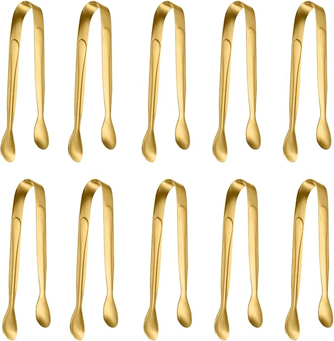 10 Pack Small Ice Tongs Sugar Tongs, Stainless Steel Mini Serving Appetizers Tongs for Party Coffee Tea Wine Bar Kitchen (Golden)
