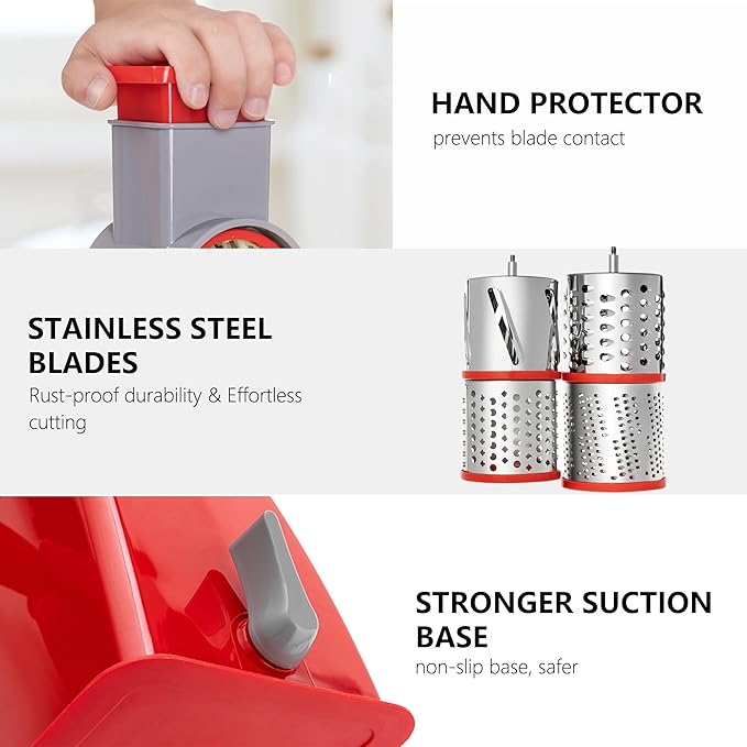 4-in-1 Rotary Cheese Grater Handheld, Lightweight Body with 4 Stainless Steel Blades & Non-Slip Suction Base, for Shredding Parmesan, Slicing Vegetables, Grating Chocolate（Red）