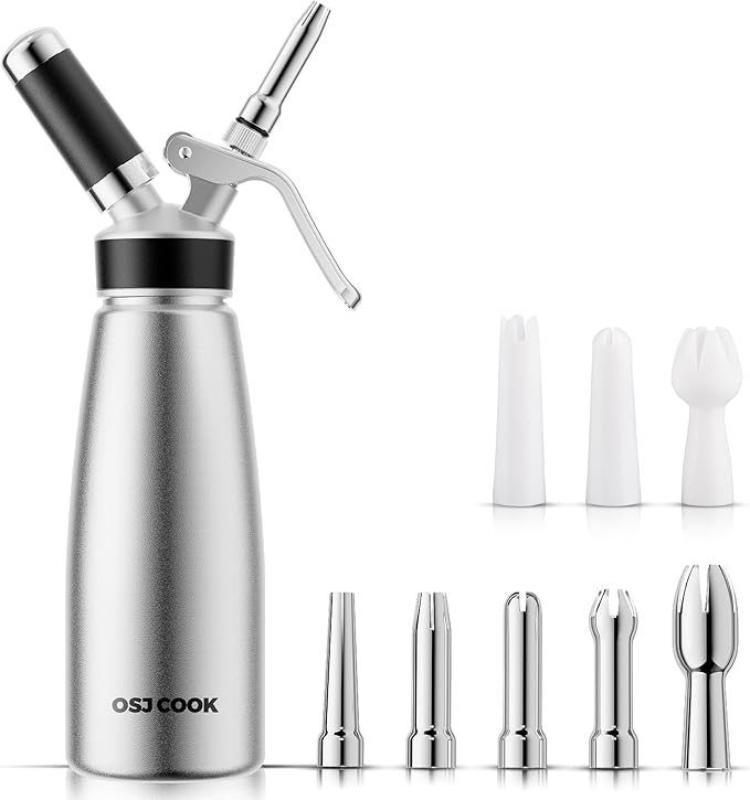 Professional Aluminum Whipped Cream Dispenser - 500 mL/1 Pint,Leak-Free Whipped Cream Maker Canister with 8 Decorating Nozzles & Cleaning Brush - N2O Chargers (Not Included) (Silver, 500ml)