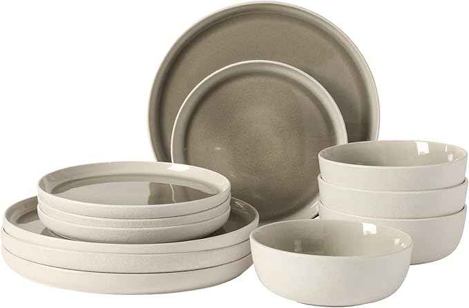 Gibson Elite Tahoe Sunset 12-Piece Reactive Stoneware Dinnerware Set – Matte Exterior & Shiny Interior Plates and Bowls, Durable Everyday Dish Set, Microwave & Dishwasher Safe - Grey