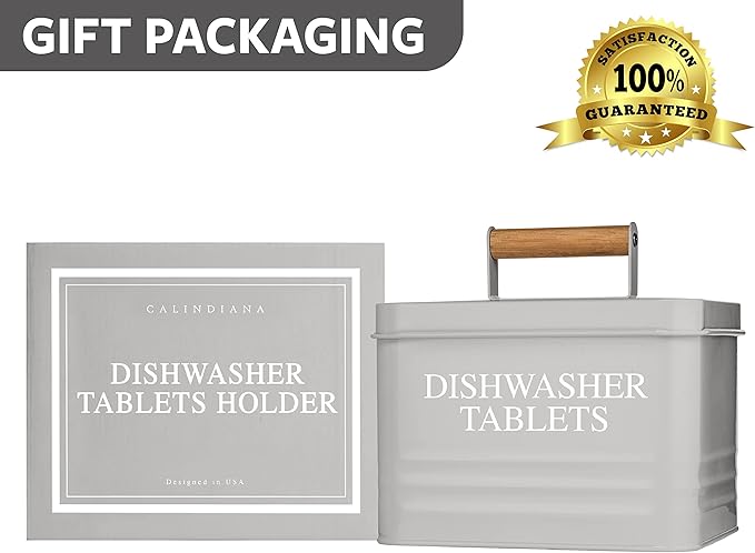 Calindiana Modern Farmhouse Metal Dishwasher Pods Container with Lid for Kitchen Organization and Storage, Kitchen Essentials Decor Accessories, Dishwasher Pods Holder, Grey