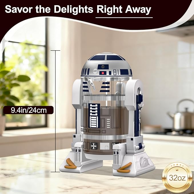 TEENKON French Press Insulated 304 Stainless Steel Coffee Maker, 32 Oz Robot R2D2 Hand Home Coffee Presser, with Filter Screen for Brew Coffee and Tea (White)