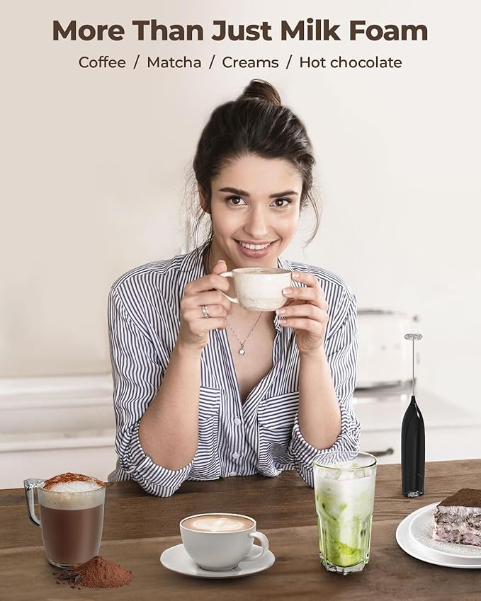 SIMPLETASTE Milk Frother Handheld Electric Foam Maker, Drink Mixer with Stainless Steel Whisk for Cappuccino, Bulletproof Coffee, Latte, Midnight Black, without Stand, Battery Operated