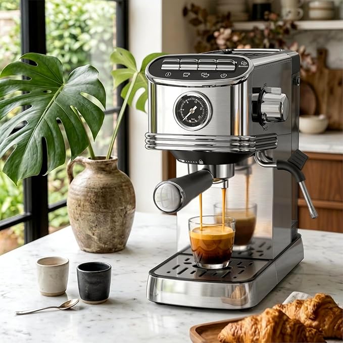 Kndko Espresso Machine, 20 Bar Espresso Maker with Milk Frother Steam Wand, with 45 OZ Removable Water Tank, Latte & Cappuccino Machine for Home, Office, Stainless Steel Color