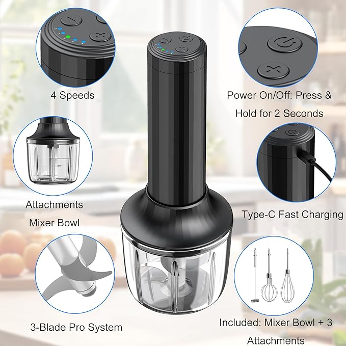 Electric Hand Mixer with MixgoII, Handheld Mixer Electric Whisk, Rechargeable Cordless Handheld Mixer & Milk Frother, Small Food Chopper for Dicing, Mincing, and Puree, 4-Speed, 10Oz