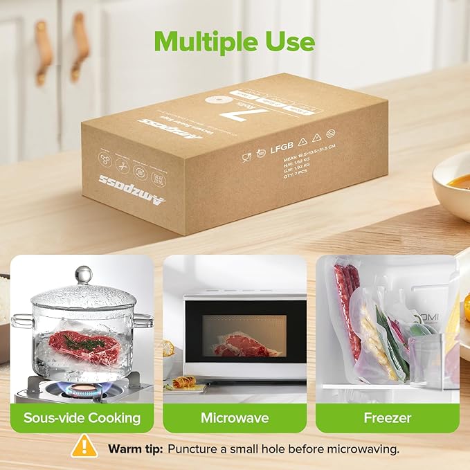 Vacuum Sealer Bags for Food, 7 Pack - 8" x 20' (3 Rolls) + 11"x 20' (3 Rolls) + 6"x 20' (1 Roll), BPA-Free Commercial Grade Embossed Customized Size Bags for Food Storage, Meal Prep, Sous Vide