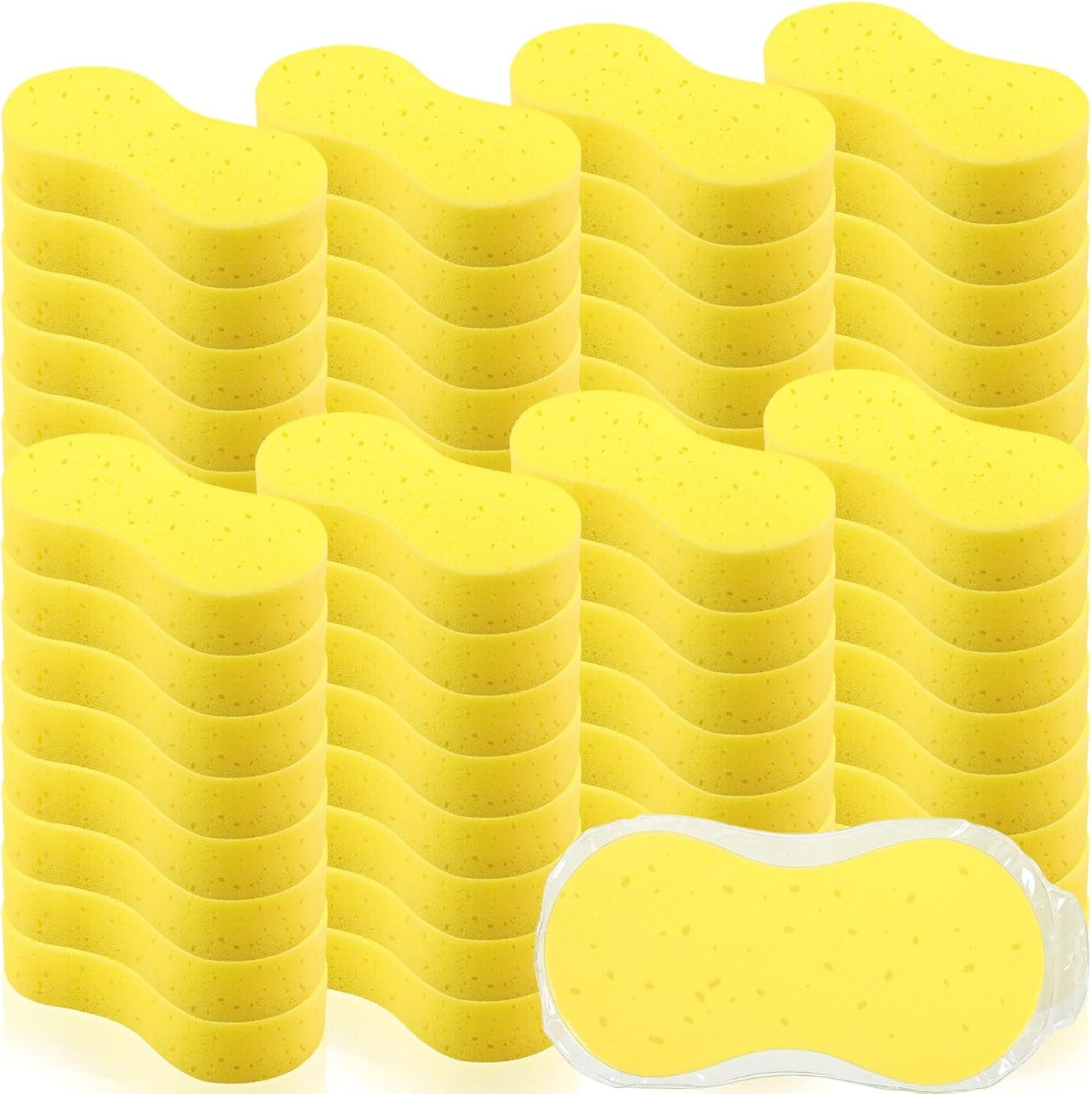 Vesici 60 Pack Car Wash Sponges Large Sponges Bulk Big All-Purpose Scrubber Thick Foam Car Cleaning Supplies for Washing Boat Kitchen Household with Single Vacuum Compressed Packing (Bright Yellow)
