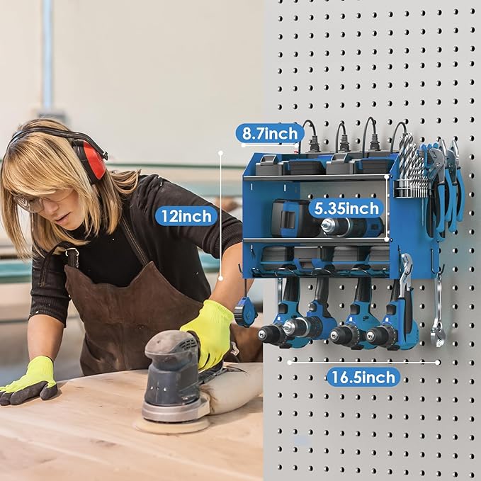 CCCEI Modular Power Tool Organizer Wall Mount with Charging Station. Garage Drill Storage Shelf with Hooks, Heavy Duty Rack, Tool Battery Holder Built in 8 Outlet. Gift for Men. Blue, 1 Pack.