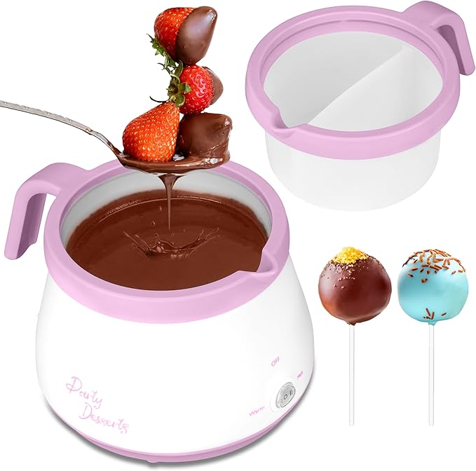 Party Desserts Candy and Chocolate Melting Pot with 2 Pots, Mini Electric Fondue Pot, Melts Candy Chocolate in a Couple of Minutes, Ideal for Cake Pops Cookies Cakes, 2.5 Cups, Pink