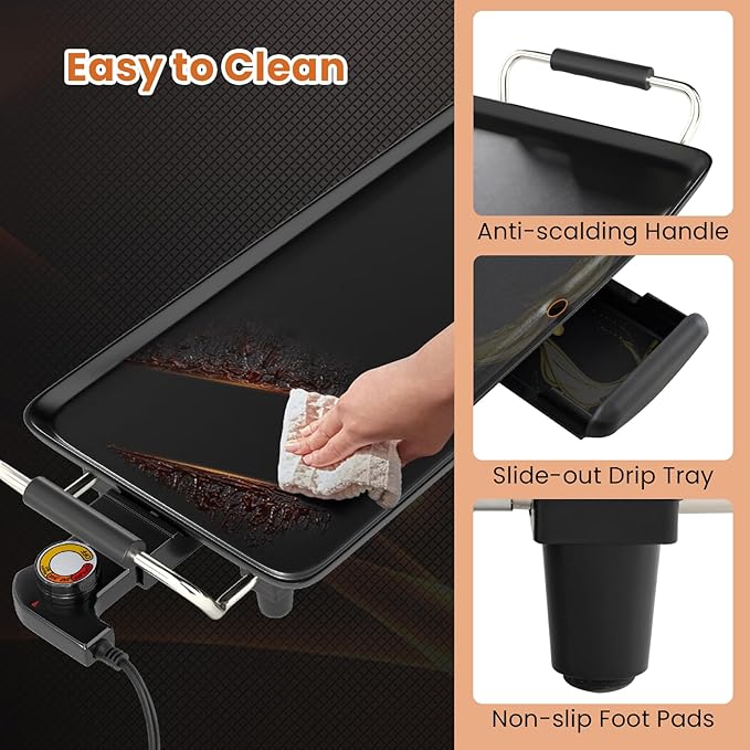 Nightcore 27" Large Electric Griddle, Teppanyaki Grill w/Adjustable Thermostat, Insulated Handles, Drip Tray & Nonstick Surface, Pancake Griddle, Indoor Outdoor Tabletop BBQ Grill for Party Camping