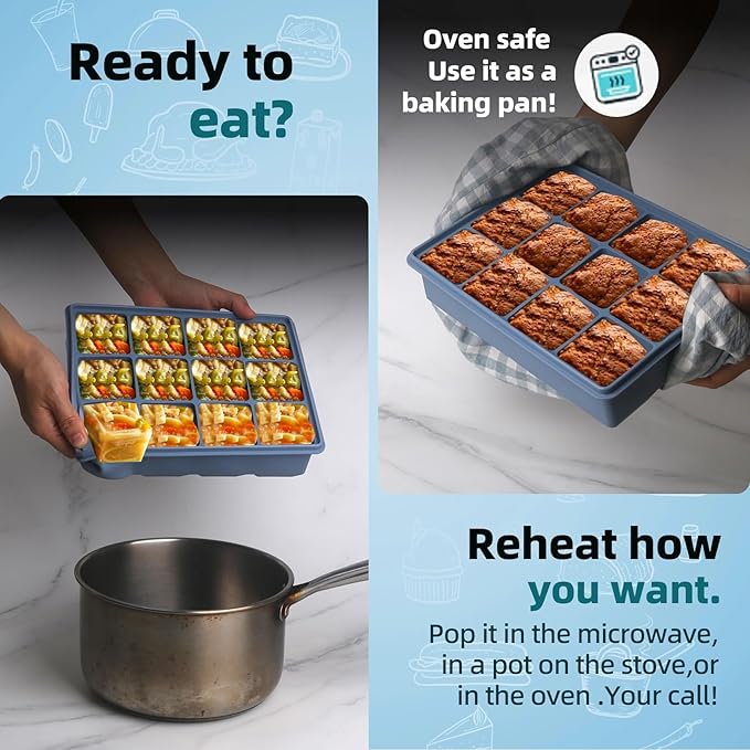 1/2 Cup Silicone Freezer Tray With Lid - Silicone Freezer Molds 2-Pack For meal prep & freezing of various sauces and other dishes, makes 24 perfect 1/2 cup portions cubes (Blue 2 Pack)