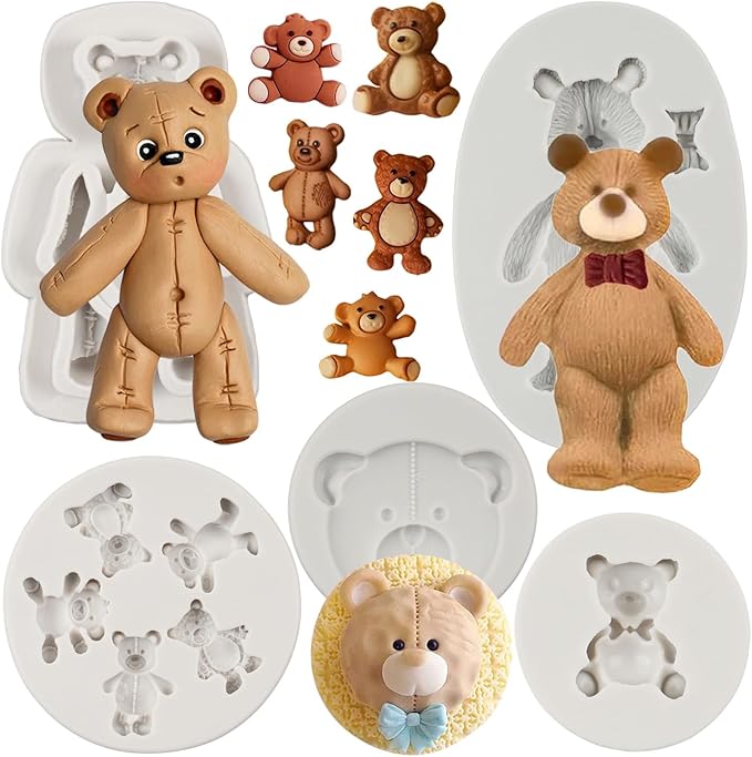 Bear Silicone Mold Valentine’s Day Fondant Molds Bear Chocolate Fondant Mold For Cake Decoration Cupcake Topper Candy Polymer Clay Chocolate Gum Paste Set of 5